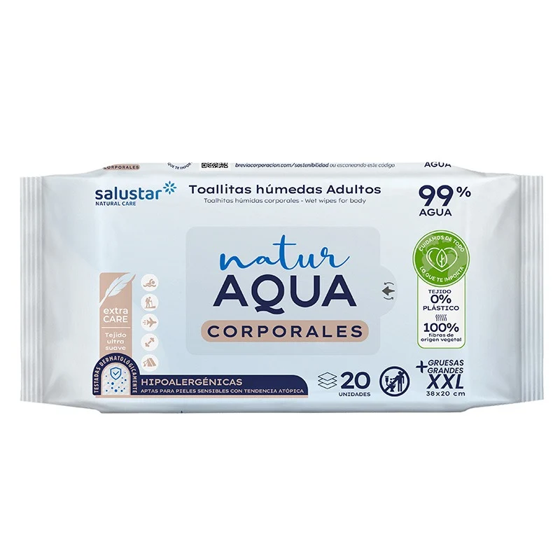 Toallitas de Higiene Corporal Adultos Aqua 99% agua Salustar 20 uds (XXL 38 x 20 cm)
