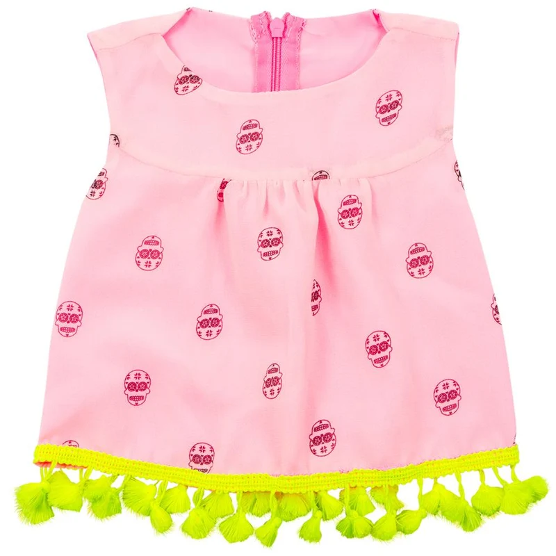 vestido rosado con estampado y pompones amarillos