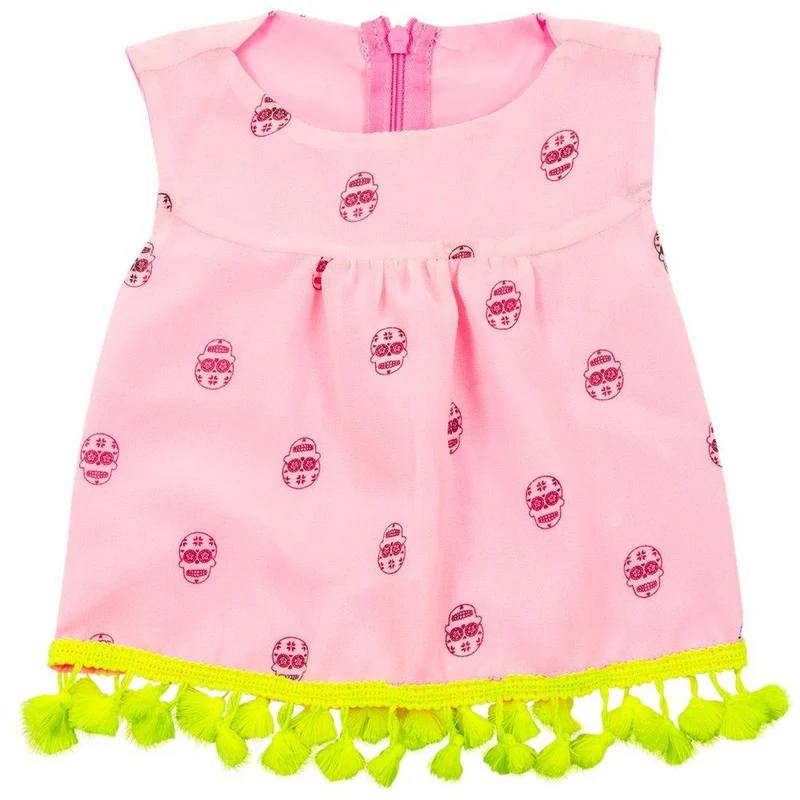 vestido rosado con estampado y pompones amarillos 6 9m