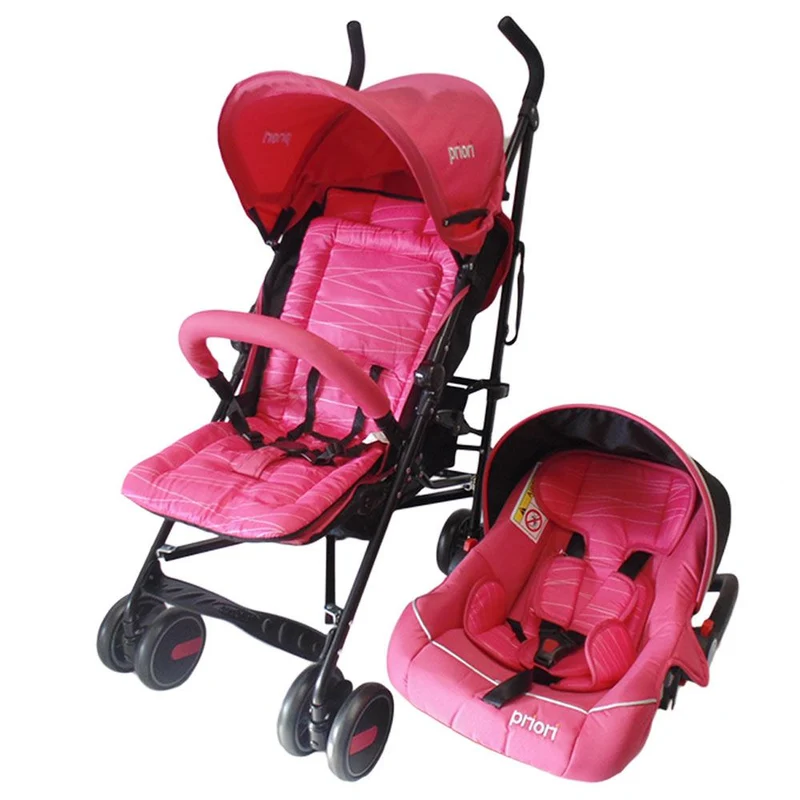 coche priori torino y portabebe rosado