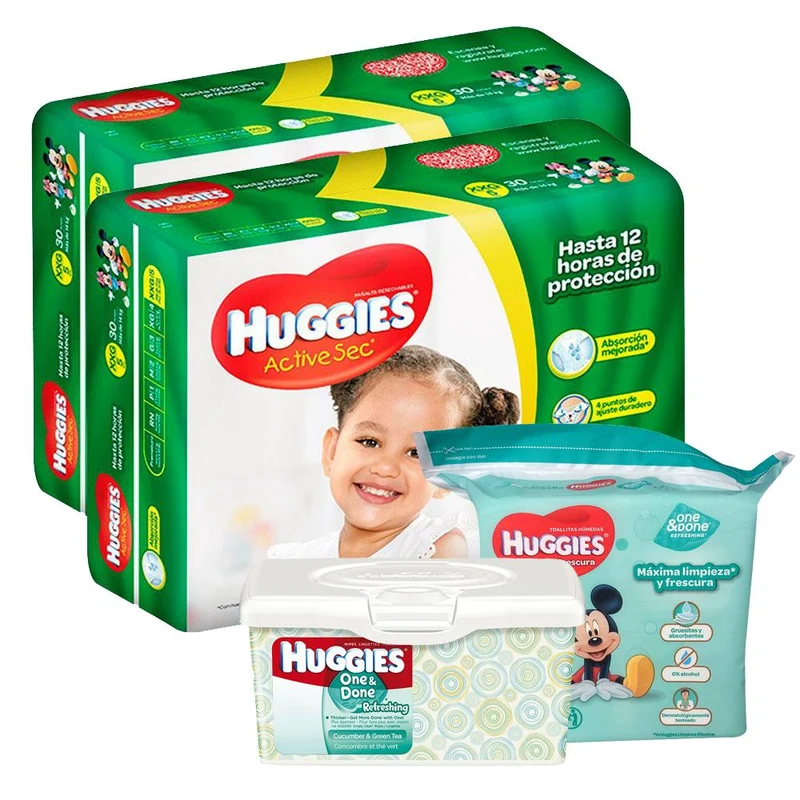 etapa 5 100 panales huggies active sec 184 toallitas humedas 64 toallitas one and done caja
