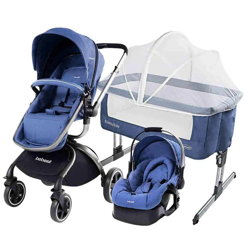 combo cuna side by side azul travel system 360 grados azul