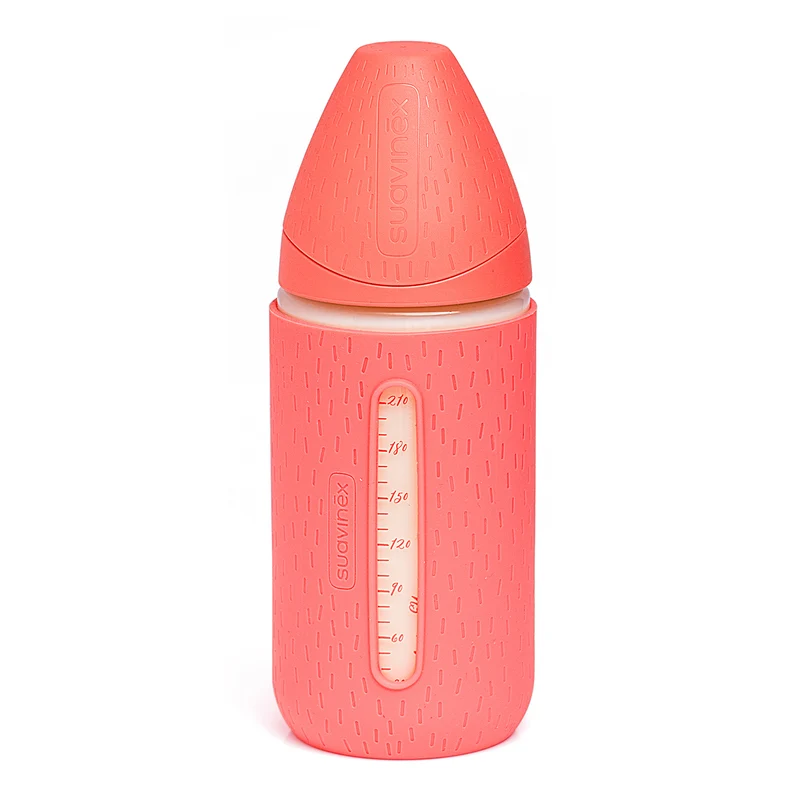 Mamadera de Vidrio + Funda de Silicona Meaningful Rosa de 240ml con Tetina Redonda de Silicona Flujo Variable +0 meses