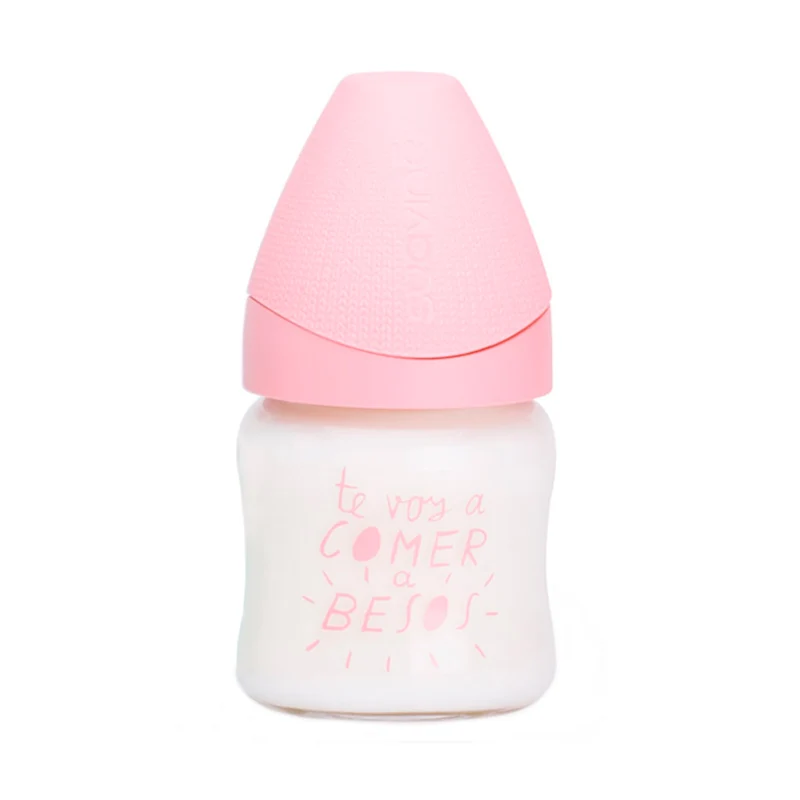 Mamadera de Vidrio Meaningful Rosa de 110 ml con Tetina Redonda de Silicona Flujo Variable +0 meses