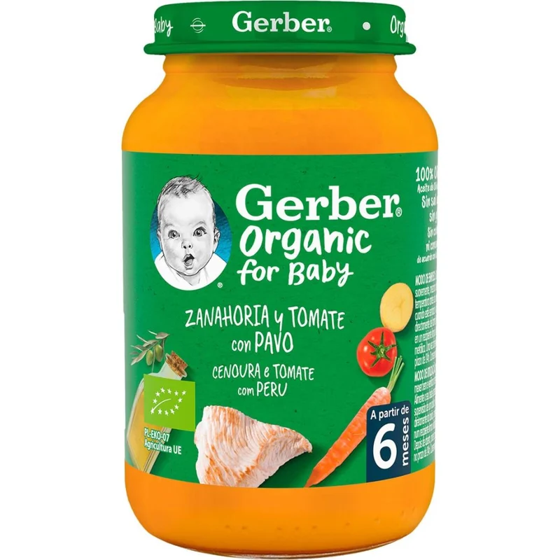 Tarrito de puré ecológico para bebés con Zanahoria, Tomate y Pavo Gerber 190 g