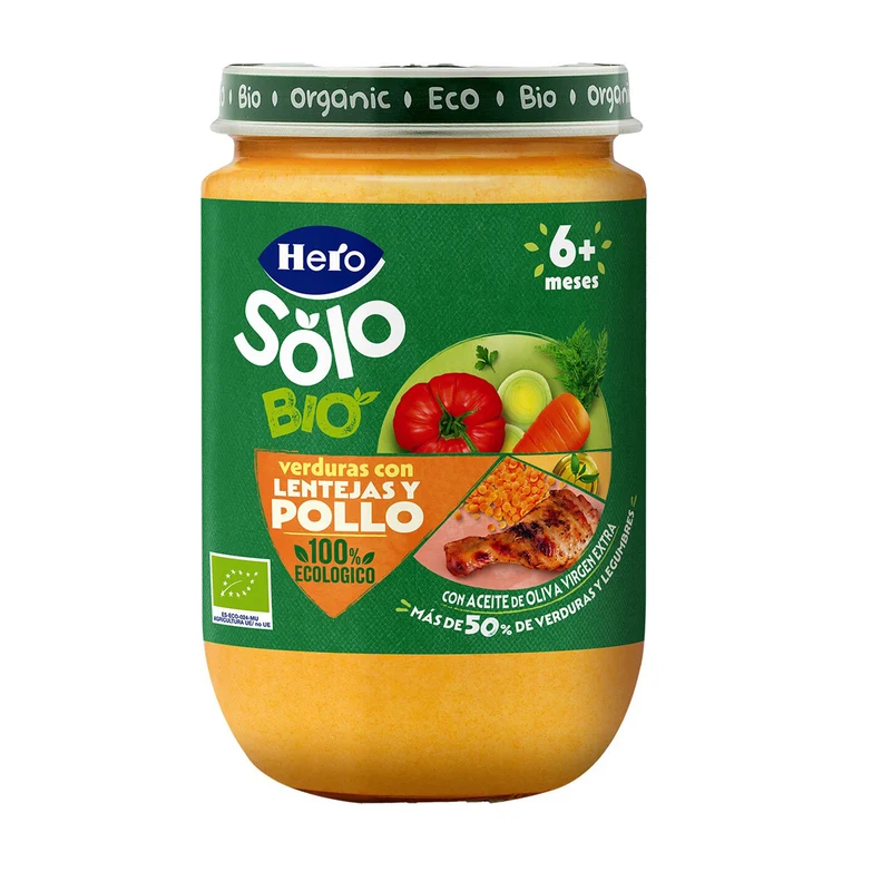 Tarrito de Verduras con lentejas y pollo, Hero Baby SOLO, 190 g