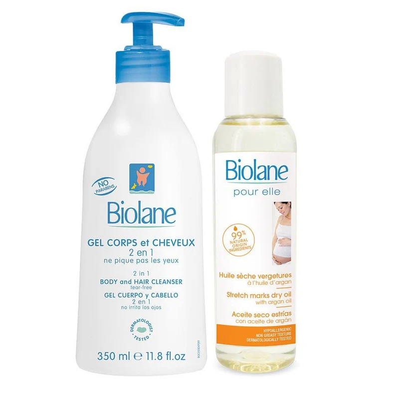 combo aceite seco prevencion estrias 125ml gel de bano 2 en 1 cabello y cuerpo 350ml