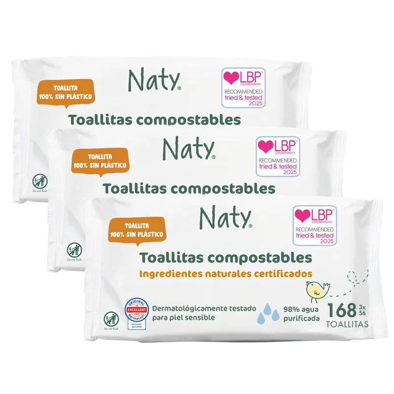 Pack 3 Paquetes de Toallitas compostables Naty 168 uds