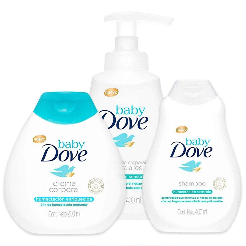 combo dove baby jabon liquido corporal humectacion sensible 400ml dove baby shampoo humectacion sensible 400ml dove baby crema corporal humectacion enriquecida 200ml