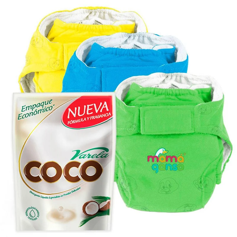 combo panales reutilizables x3 etapa 3 verde amarillo y azul detergente liquido coco varela doypack x1.8l