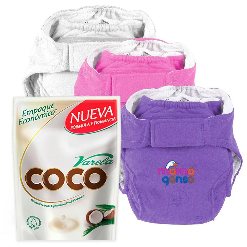 combo panales reutilizables x3 etapa 3 morado fucsia y blanco detergente liquido coco varela doypack x1.8l