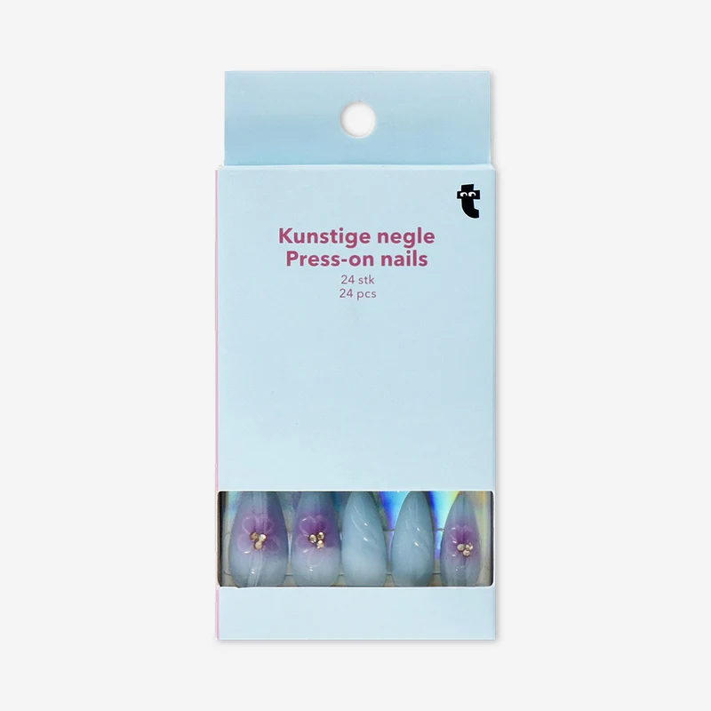 Press on nails - Blue flower with rhinestones