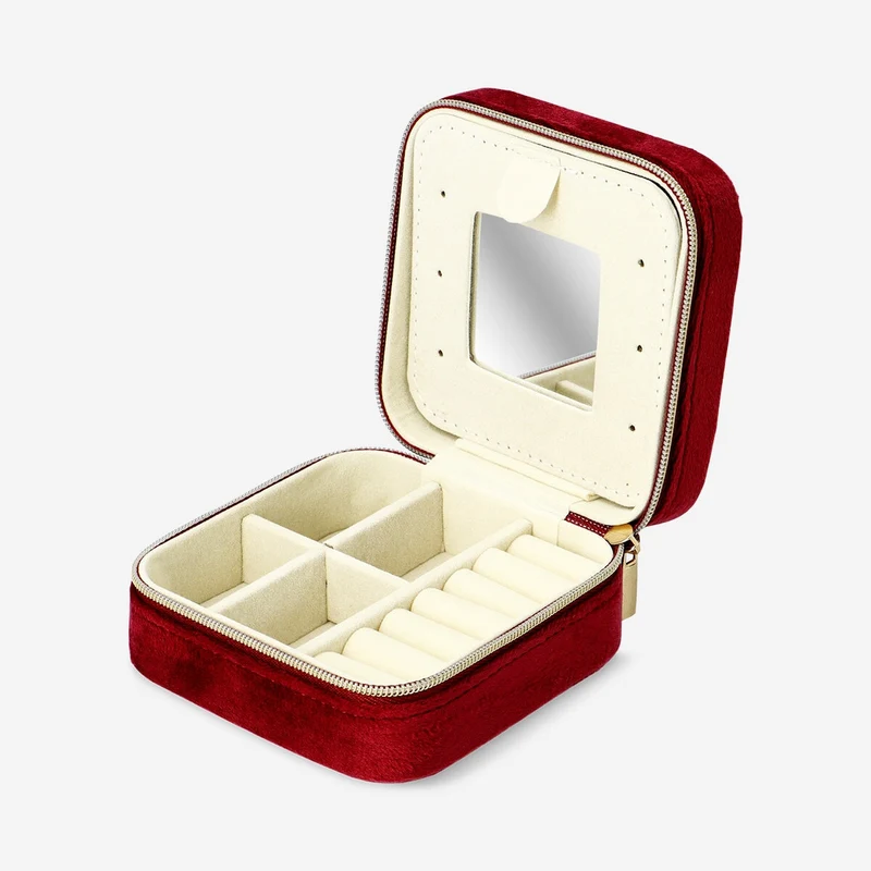 Burgundy velvet jewellery box with mirror
