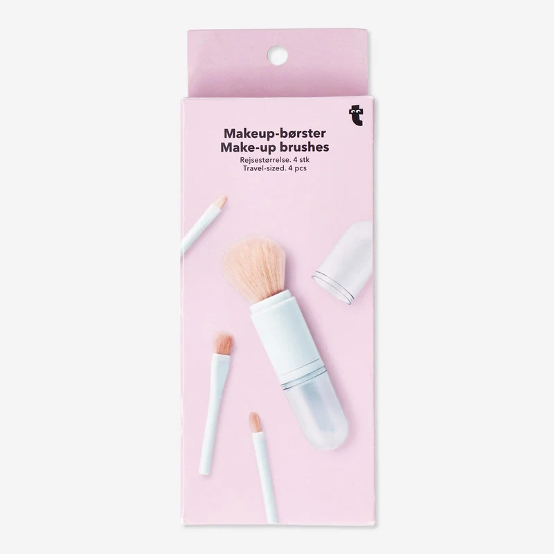 Four-piece multi-coloured travel make-up brushes
