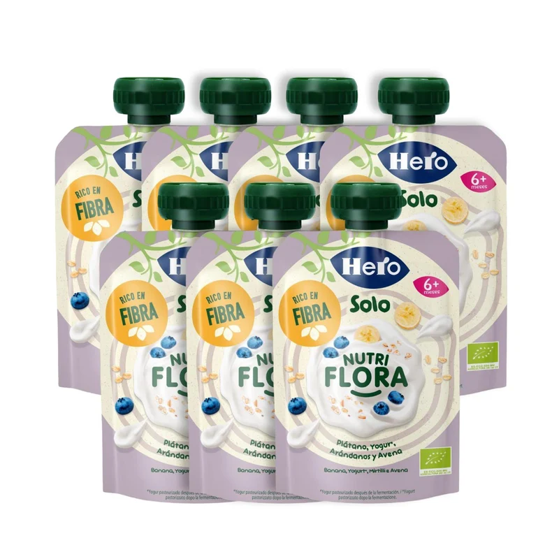 Pack x7 Bolsita Nutri Flora sabor Plátano, Arándanos, Yogur y Avena 100 g Hero Solo