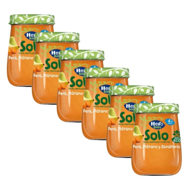 Pack ahorro x 6 Tarrito pera, plátano y zanahoria BIO,120 g. Hero Solo