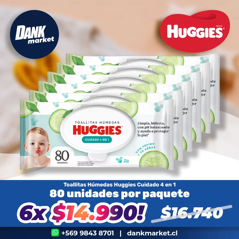 Pack 6x Toallitas Húmedas Huggies Cuidado 4 en 1 (80 unidades)