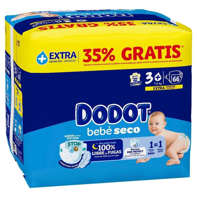 DODOT Bebé Seco Extra Jumbo Pack Talla 3+ (66 uds)