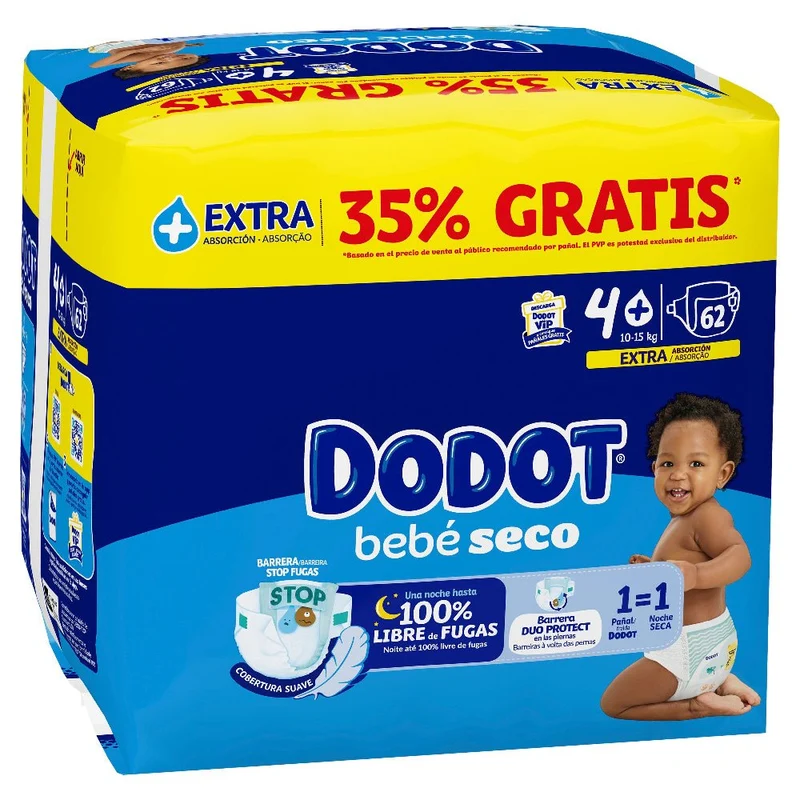 DODOT Bebé Seco Extra Jumbo Pack Talla 4+ (62 uds)