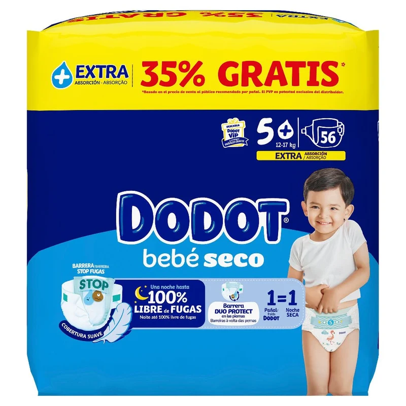 DODOT Bebé Seco Extra Jumbo Pack Talla 5+ (56 uds)