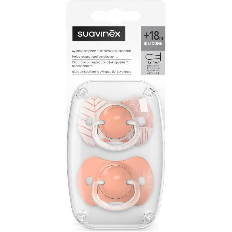 SUAVINEX Chupete SX Pro Tetina Fisiológica Silicona 18+ Meses 2 Unidades (Hoja Rosa)