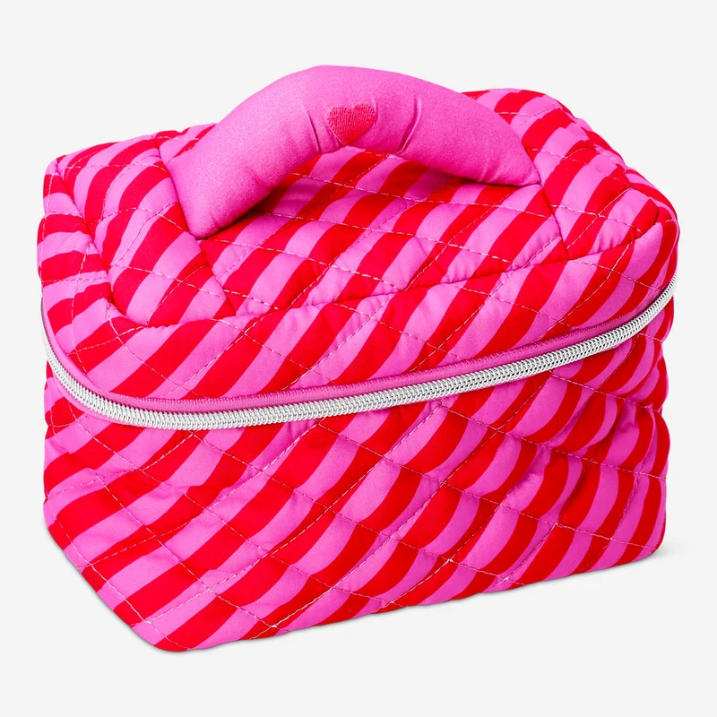 Quilted toiletry bag with pink stripes - 13x19 cm
