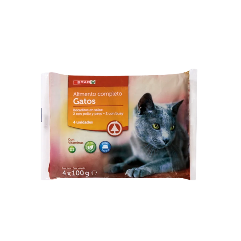 Alimento Completo Gatos Bocaditos en Salsa: 2 con Pollo y Pavo + 2 con Buey SPAR