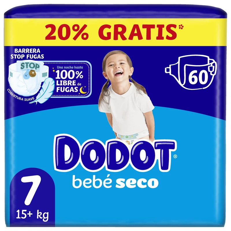 Pañales bebé seco t7 +15kg Dodot 60u