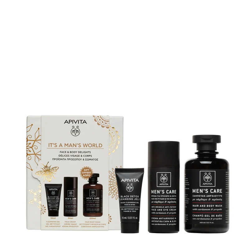 Apivita Men'S Care Crema Antiarrugas 50ml + Gel Limpiador Negro 50ml + REGALO Men'S Care Champú Gel 250ml