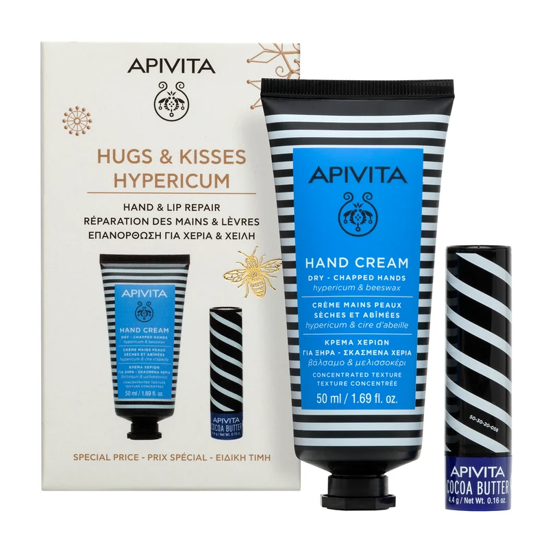Apivita Crema De Manos Con Hipérico 50ml + Cuidado Labial Con Manteca De Cacao 4,4g