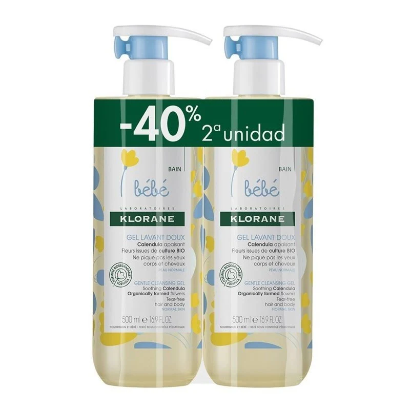 KLORANE BEBÉ Pack Duo Gel Limpiador Suave Caléndula Cuerpo y Cabello 2x500ml