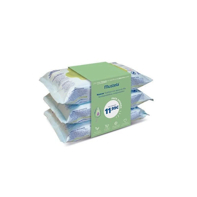 MUSTELA Toallitas Limpiadoras Aguacate BIO Pack 3x60 (180 unidades) PACK AHORRO