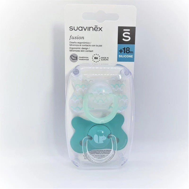 SUAVINEX Chupete Fusion Tetina Anatómica Silicona +18M 2ud (Verde Ondas y Ardilla)