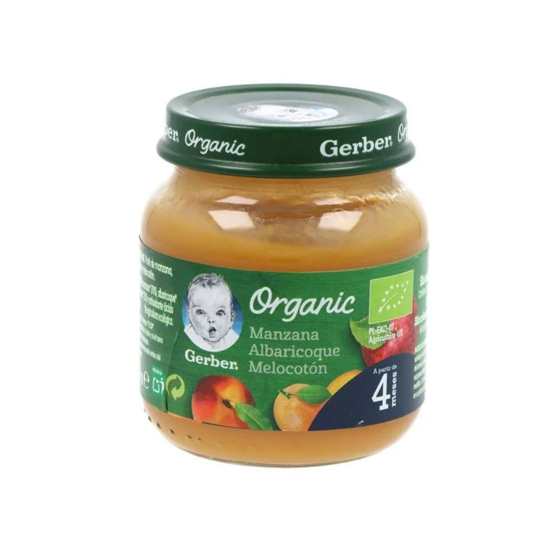 GERBER Tarrito de Puré de Manzana, Albaricoque y Melocotón BIO +4 Meses 125g