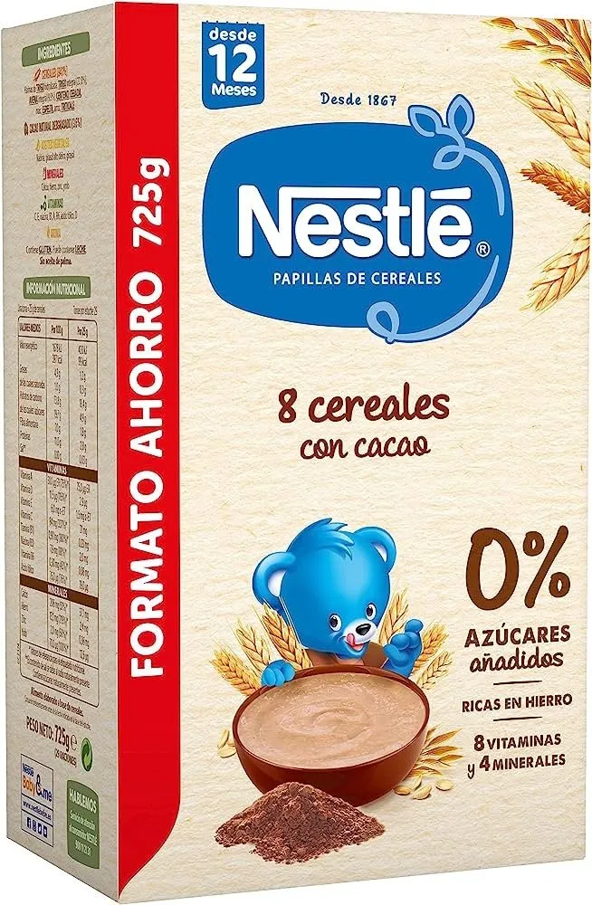 NESTLÉ Papilla 8 Cereales con Cacao 0% Azúcares Añadidos +12 meses 725g