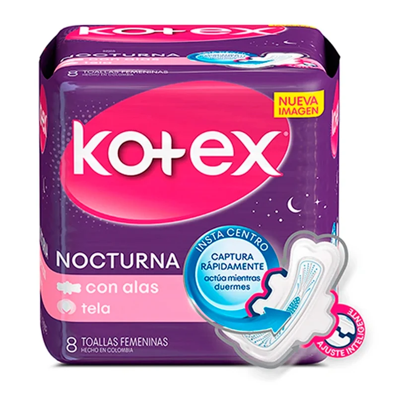 Toallitas Femeninas Kotex Nocturna Con Alas X 8 Unidades