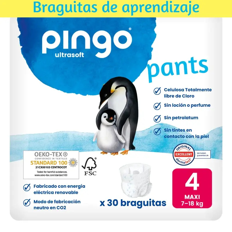 Pingo Pañal Braguitas Ecológicos Talla 4 (7-18 kg), 30 Unidades
