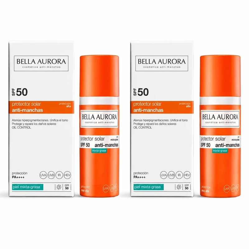 Bella Aurora Anti-Manchas Protector Solar Spf50. Piel Mixta-Grasa , 50 ml, pack 2