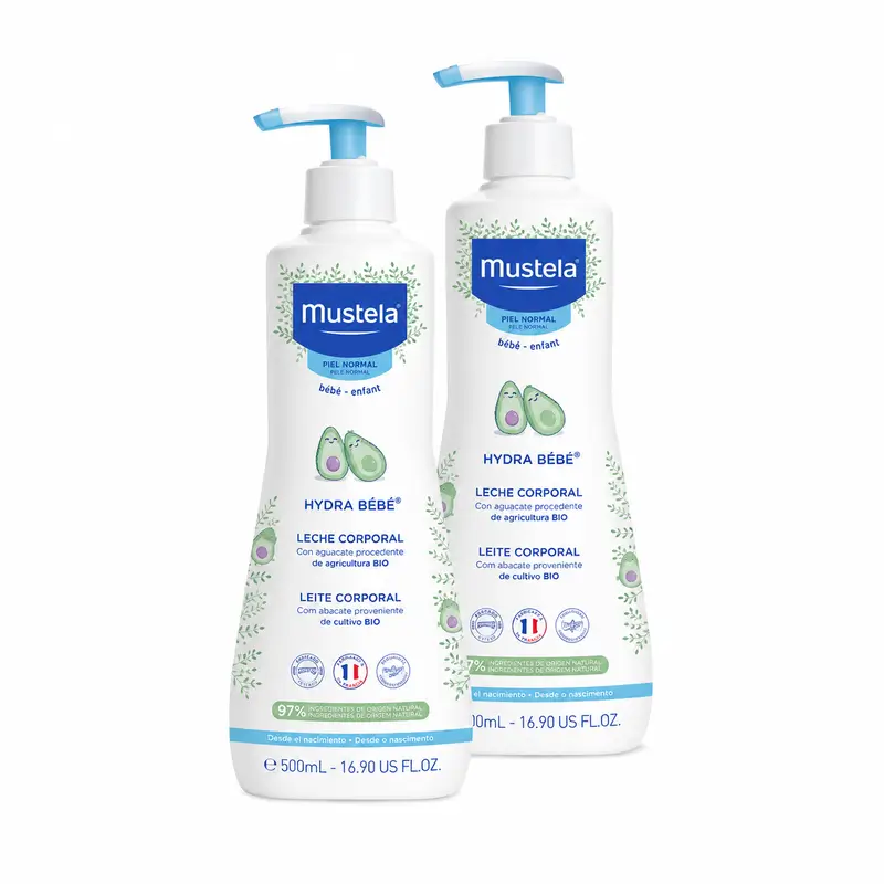 Mustela Hydra Bebé Leche Corporal con Aguacate Bio, Pack 2 x 500 ml