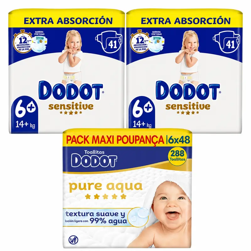 Dodot Sensitive Talla 6, 82 Pañales + Dodot Pure Aqua 288 Toallitas