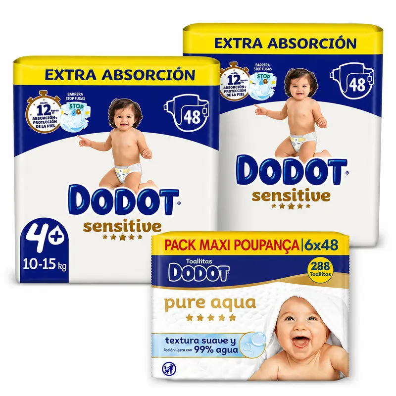 Dodot Sensitive Pañales Extra Absorción 10-15 kg Talla 4+, 96 Unidades + Dodot Pure Aqua 288 Toallitas