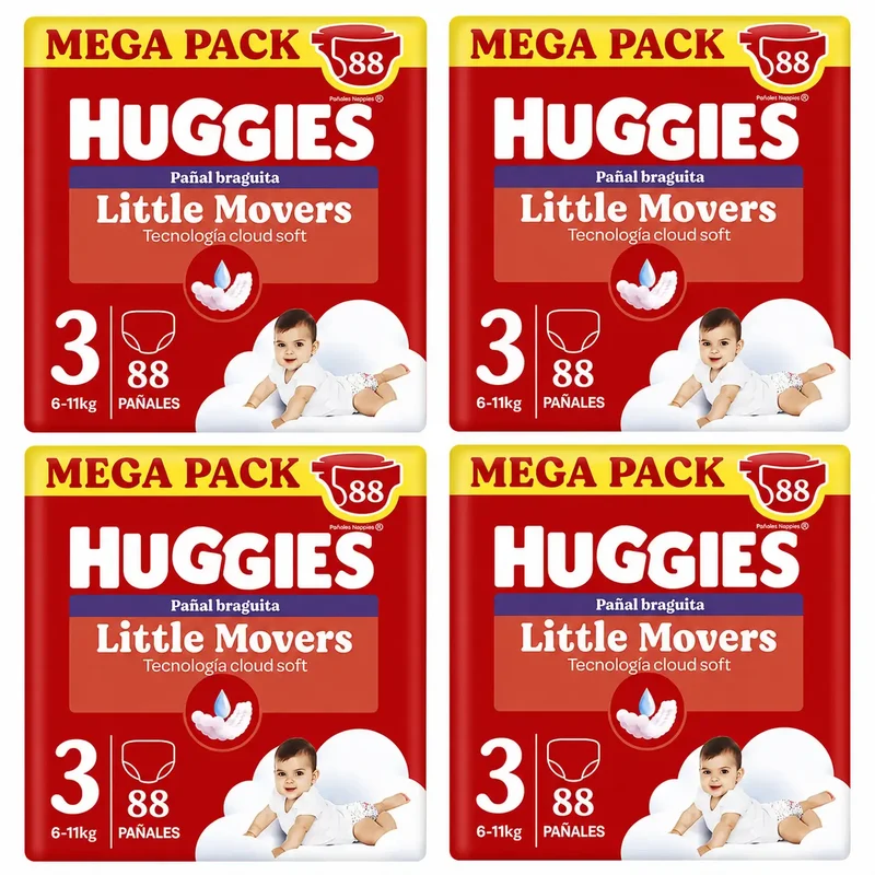 Huggies Little Movers Talla 3 (6-11 Kg) Pañal Braguita Para Bebé Disney , 88 unidades, pack 4