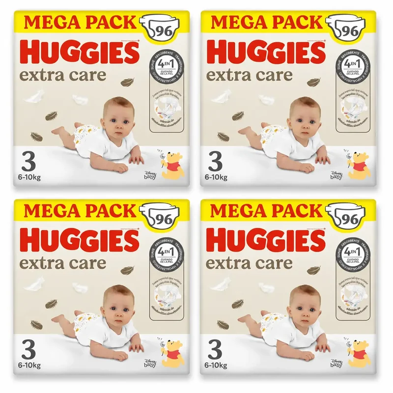 Huggies Extra Care Talla 3 (6-10 Kg) Pañal Para Bebé Disney , 96 unidades, pack 4