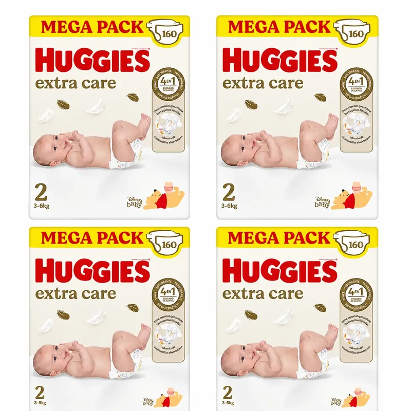 Huggies Extra Care Talla 2 (3-6 Kg) Pañal Para Bebé Disney , 160 Unidades, pack 4