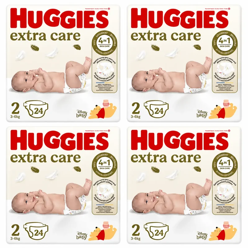 Huggies Extra Care Talla 2 (3-6 Kg) Pañal Para Bebé Disney, 24 unidades, pack 4