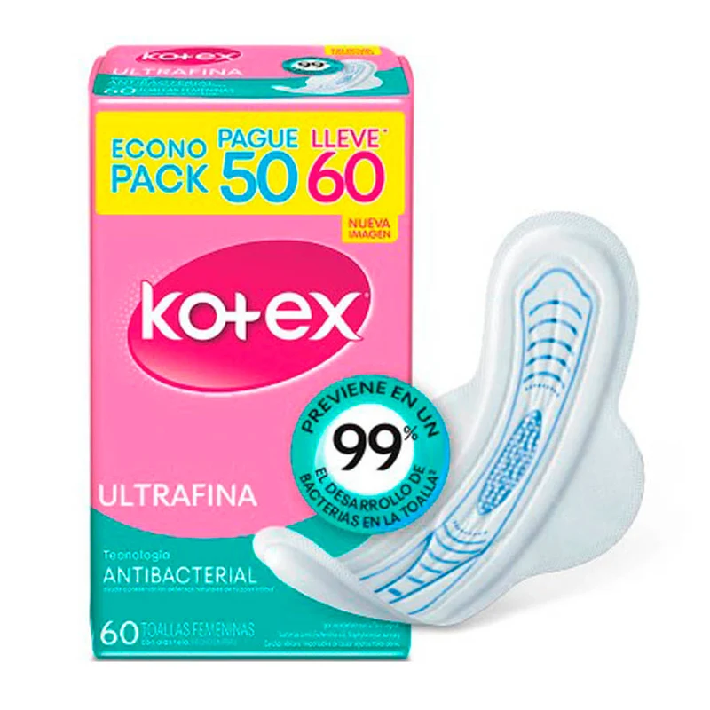 Toallitas Femeninas Kotex Ultrafina Antibacterial X 60 Unidades