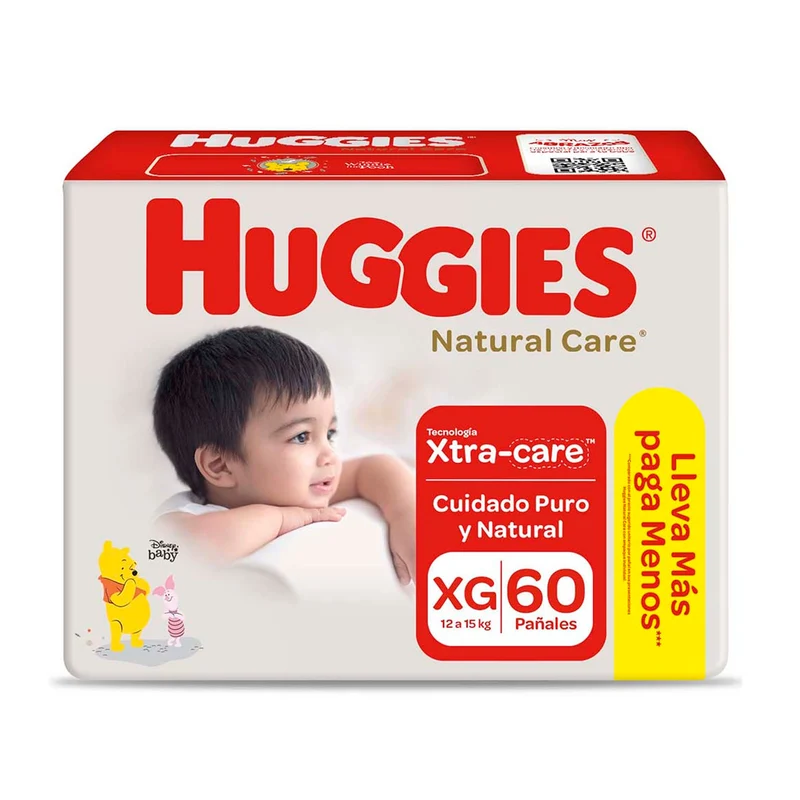 Pañales Natural Care Talla Xg Huggies 12 A 15Kg X 60 Unidades