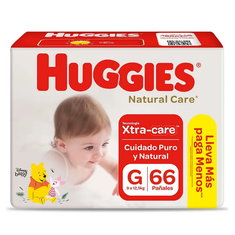 Pañales Natural Care Talla G Huggies 9 A 12.5Kg X 66 Unidades