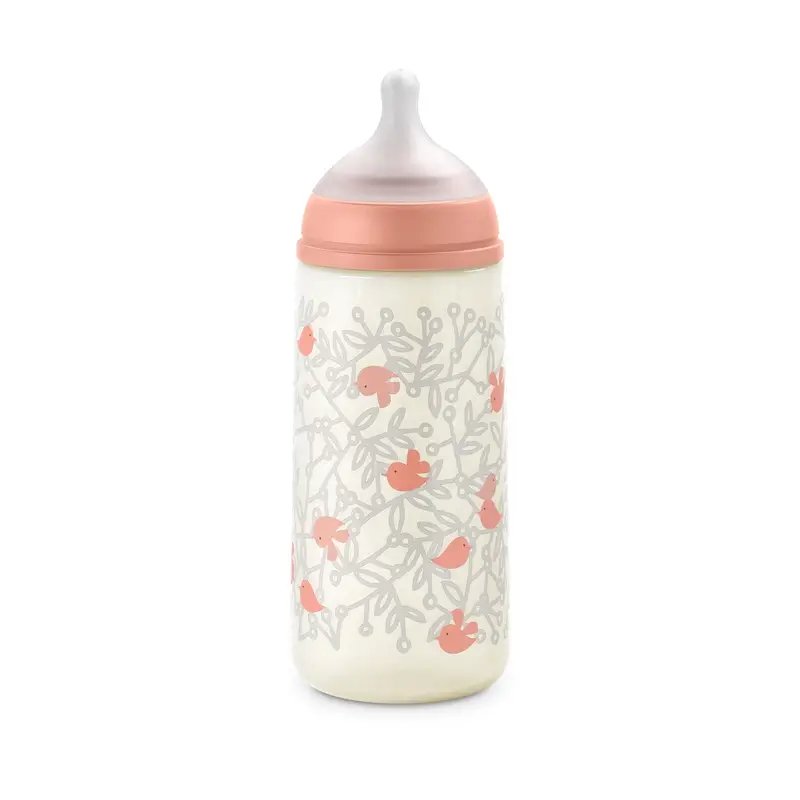 Suavinex Biberón Tetina Sx Pro Flujo Denso (L) +6 Meses Birdies Rosa, 360 ml
