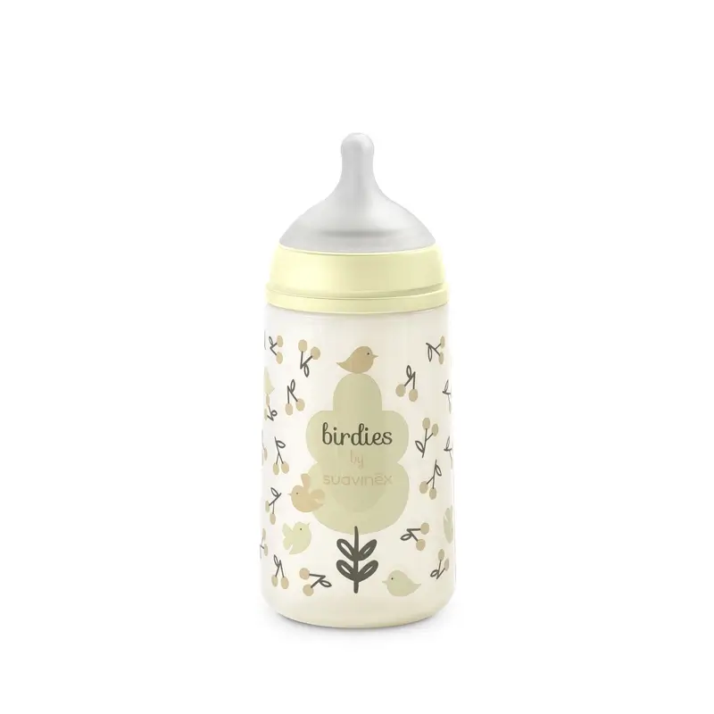 Suavinex Biberón Tetina Sx Pro Flujo Medio (M) +3 Meses Birdies Beige, 270 ml